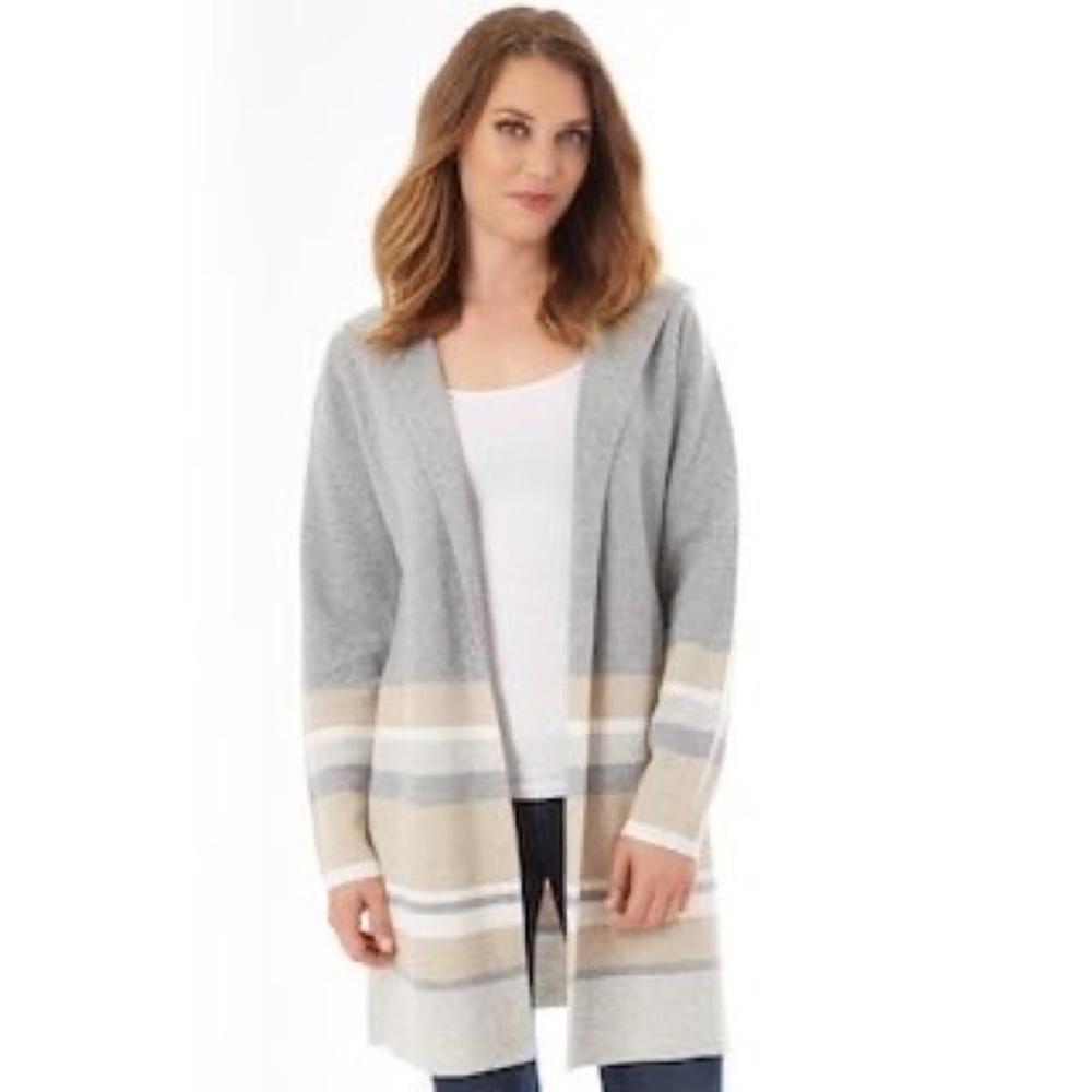APT9 Long Open Cardigan Color Block Neutral Cozy Knit Wear Relaxed Fit Gray Tan